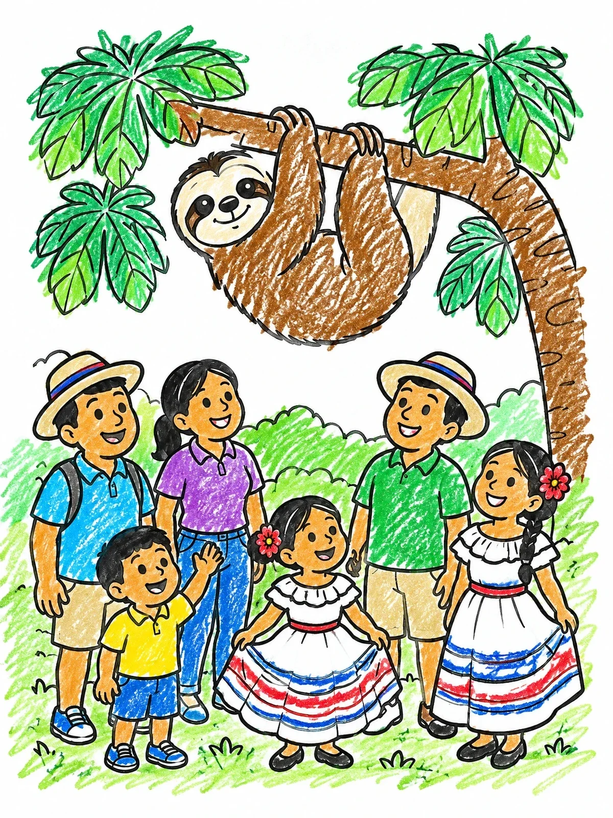Colored example of the Family Watching A Sloth In Costa Rica coloring page