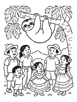 Free printable Family Watching A Sloth In Costa Rica coloring page