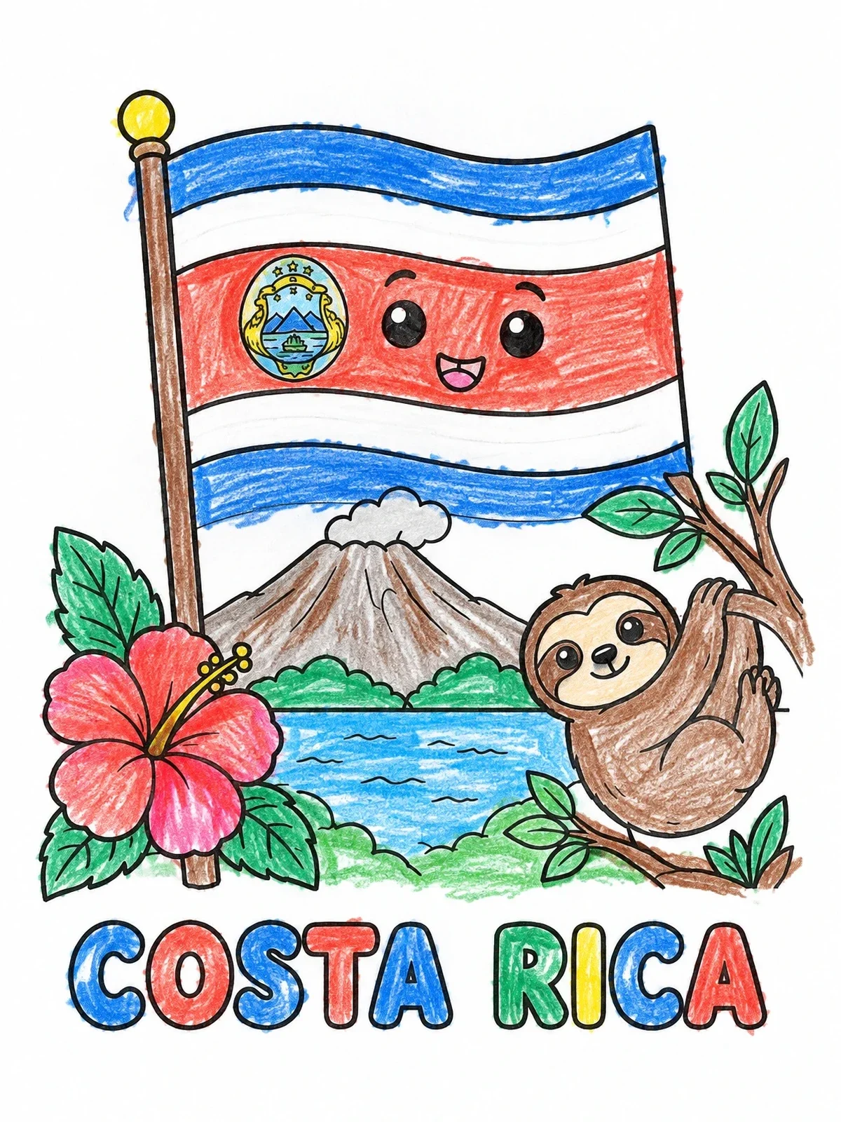 Colored example of the Costa Rica Flag And Cute Sloth coloring page