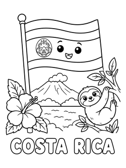 Free printable Costa Rica Flag And Cute Sloth coloring page