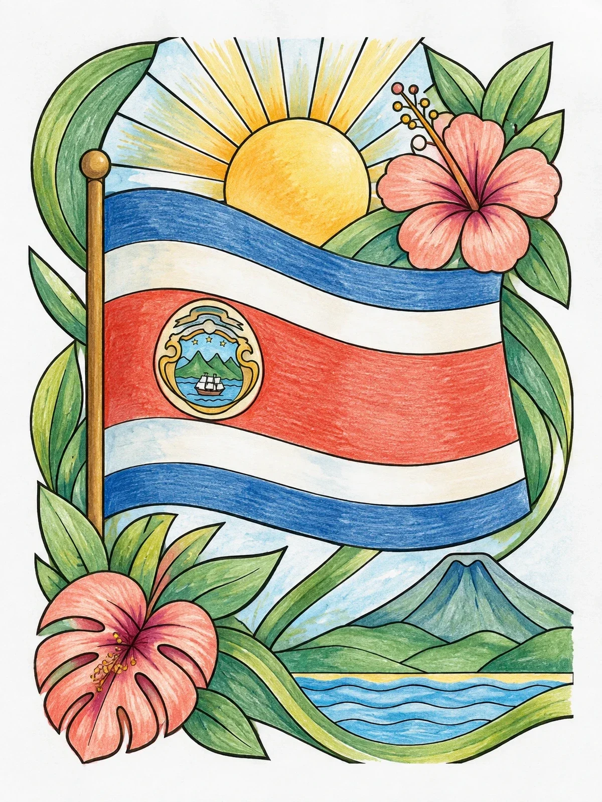 Colored example of the Costa Rica Flag With Tropical Nature coloring page