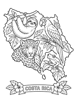 Free printable Costa Rica Wildlife Map Outline coloring page