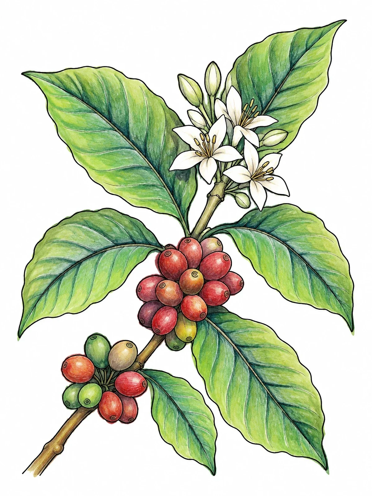 Colored example of the Costa Rican Coffee Plant Branch coloring page