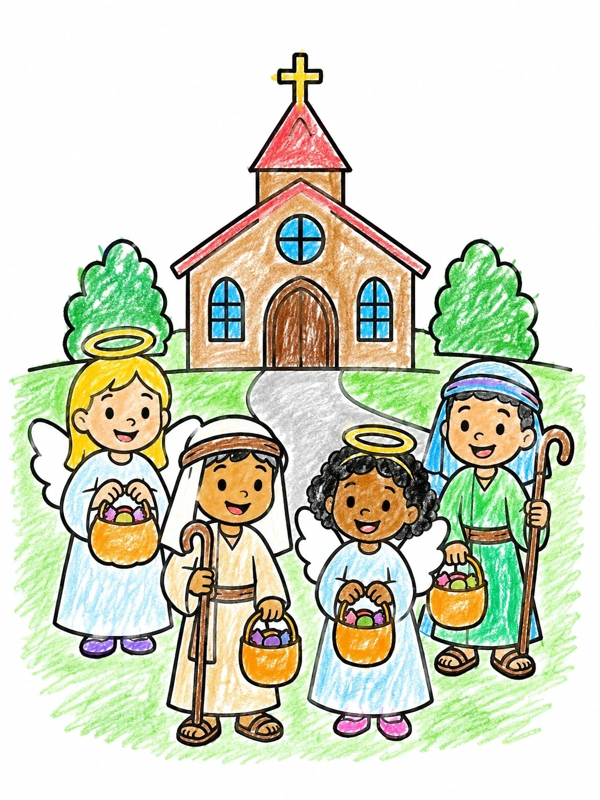 Colored example of the Costumed Children Outside Church coloring page