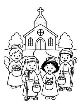 Free printable Costumed Children Outside Church coloring page