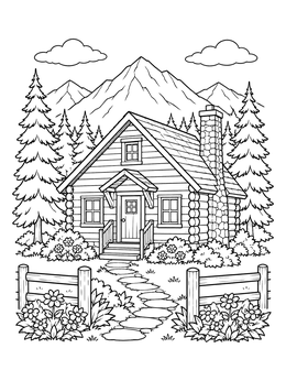 Free printable Cozy Wooden Cabin In The Mountains coloring page