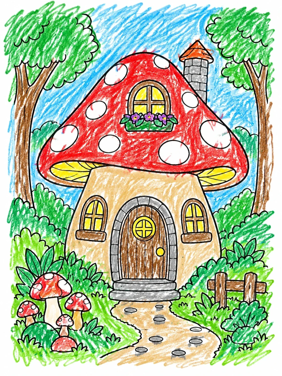 Colored example of the Cozy Fairy Tale Mushroom Cottage coloring page