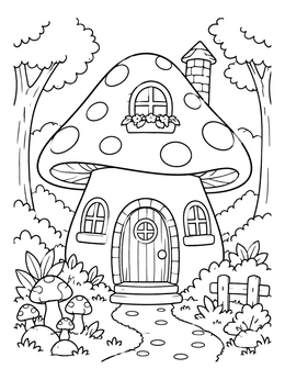 Free printable Cozy Fairy Tale Mushroom Cottage coloring page