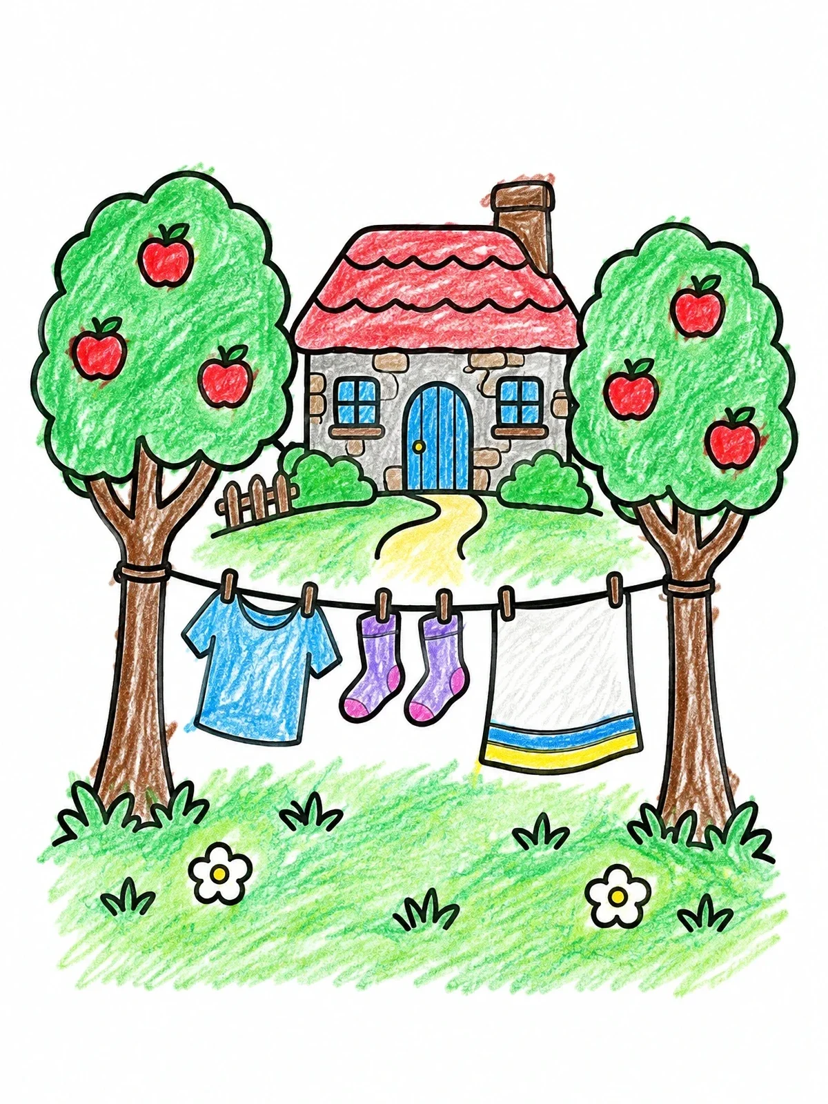 Colored example of the Cottage Garden With Clothesline And Apple Trees coloring page