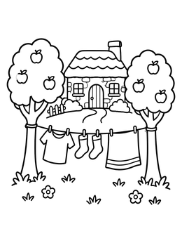 Free printable Cottage Garden With Clothesline And Apple Trees coloring page