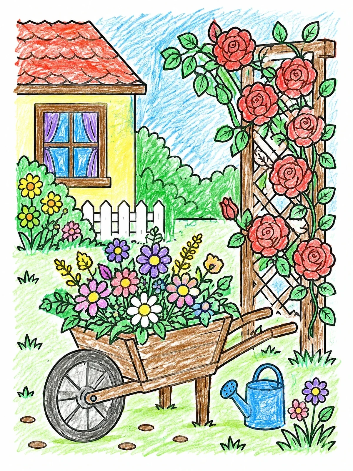 Colored example of the Cottage Garden With Blooming Wheelbarrow coloring page