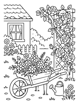 Free printable Cottage Garden With Blooming Wheelbarrow coloring page