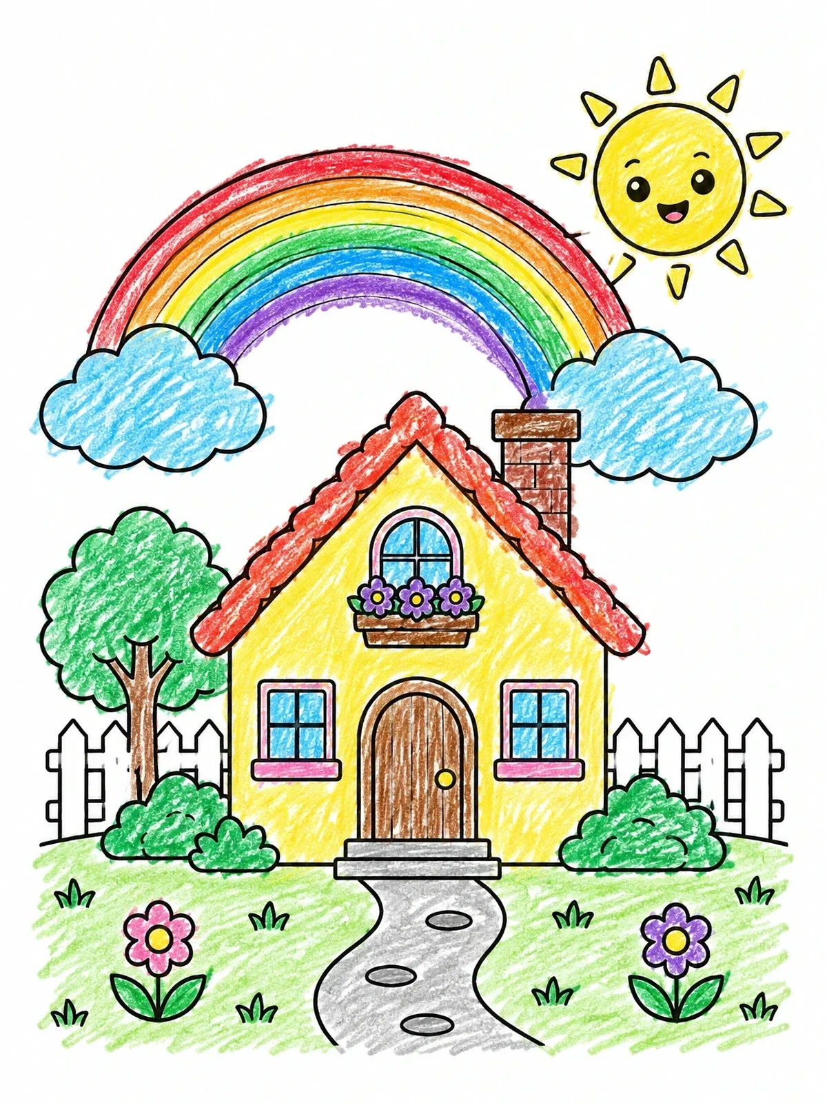 Colored example of the Cottage Under A Bright Rainbow coloring page