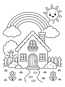 Free printable Cottage Under A Bright Rainbow coloring page