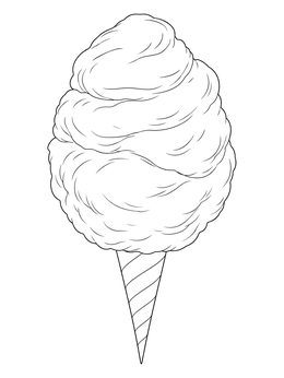 A fluffy cotton candy coloring page on a striped paper cone.