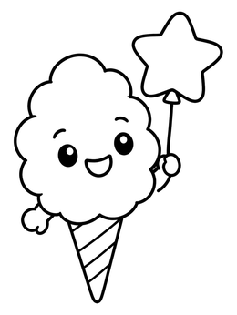 A smiling cotton candy coloring page character holding a cute star balloon.
