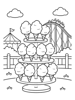 A sweet cotton candy coloring page with a tiered stand and roller coaster.