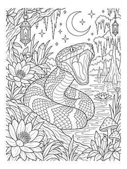 Detailed snake coloring page with a cottonmouth in a moonlit swamp.