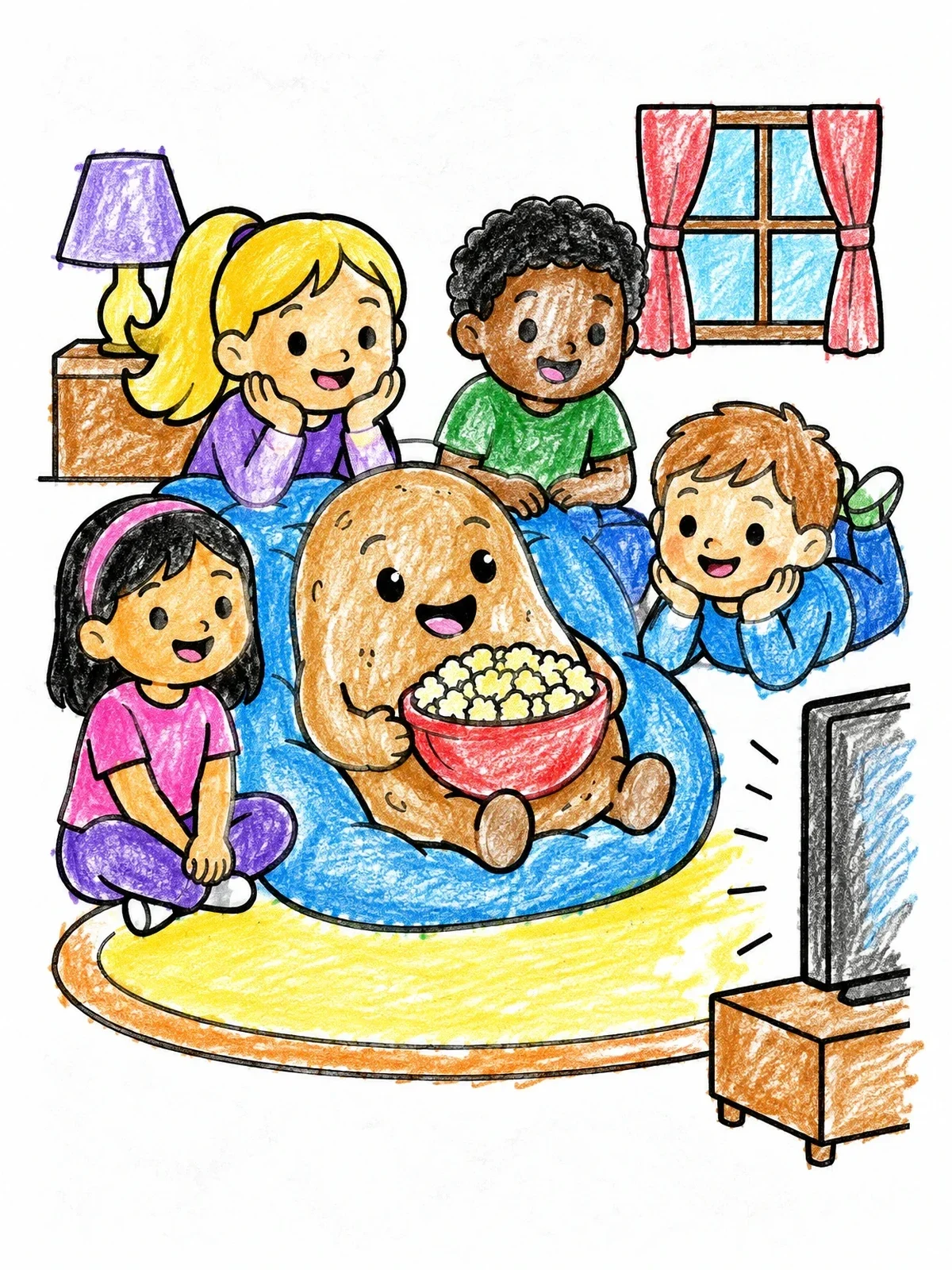 Colored example of the Couch Potato Watching Movie With Friends coloring page