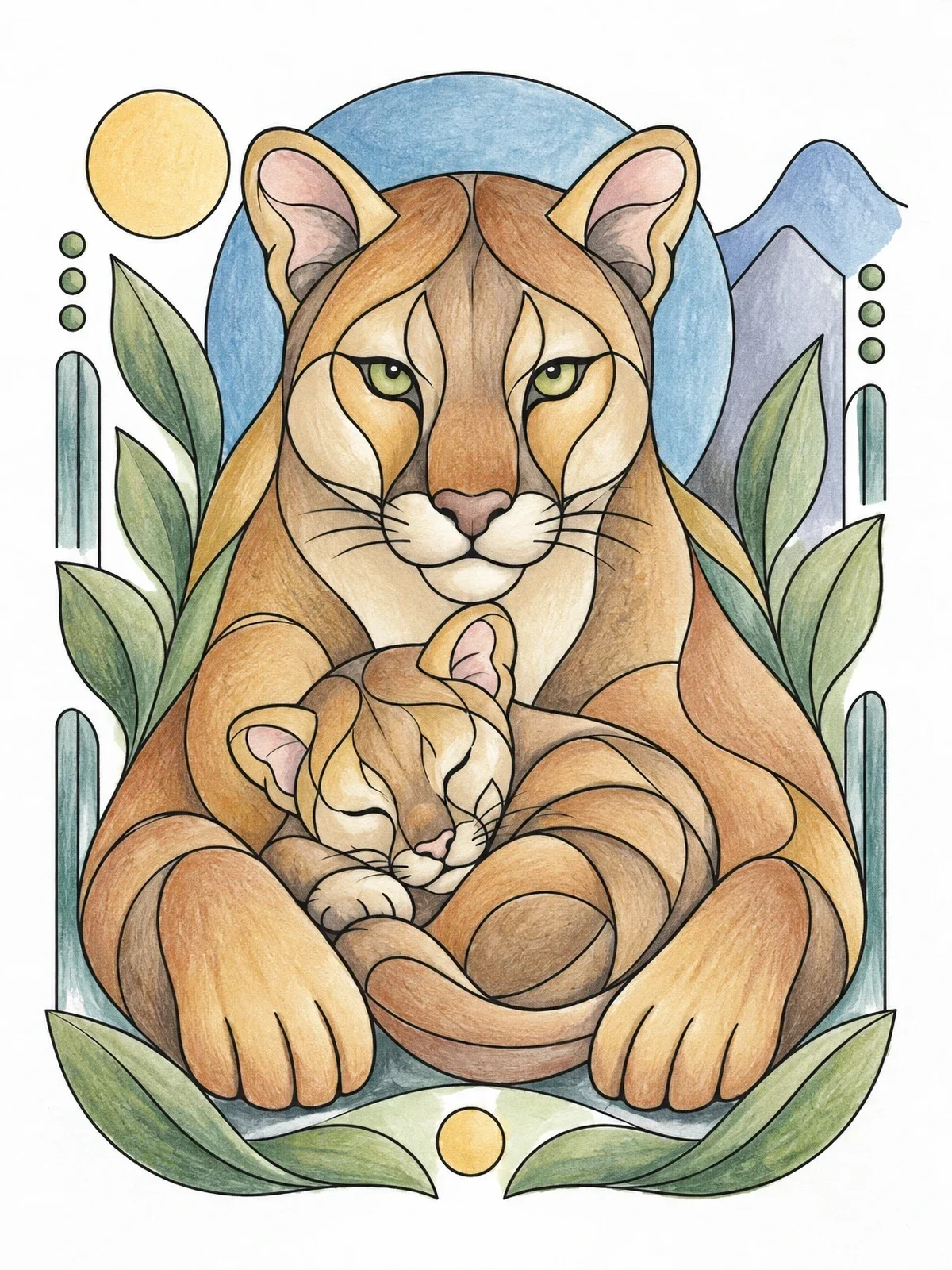 Colored example of the Cougar Mother With Sleeping Cub coloring page