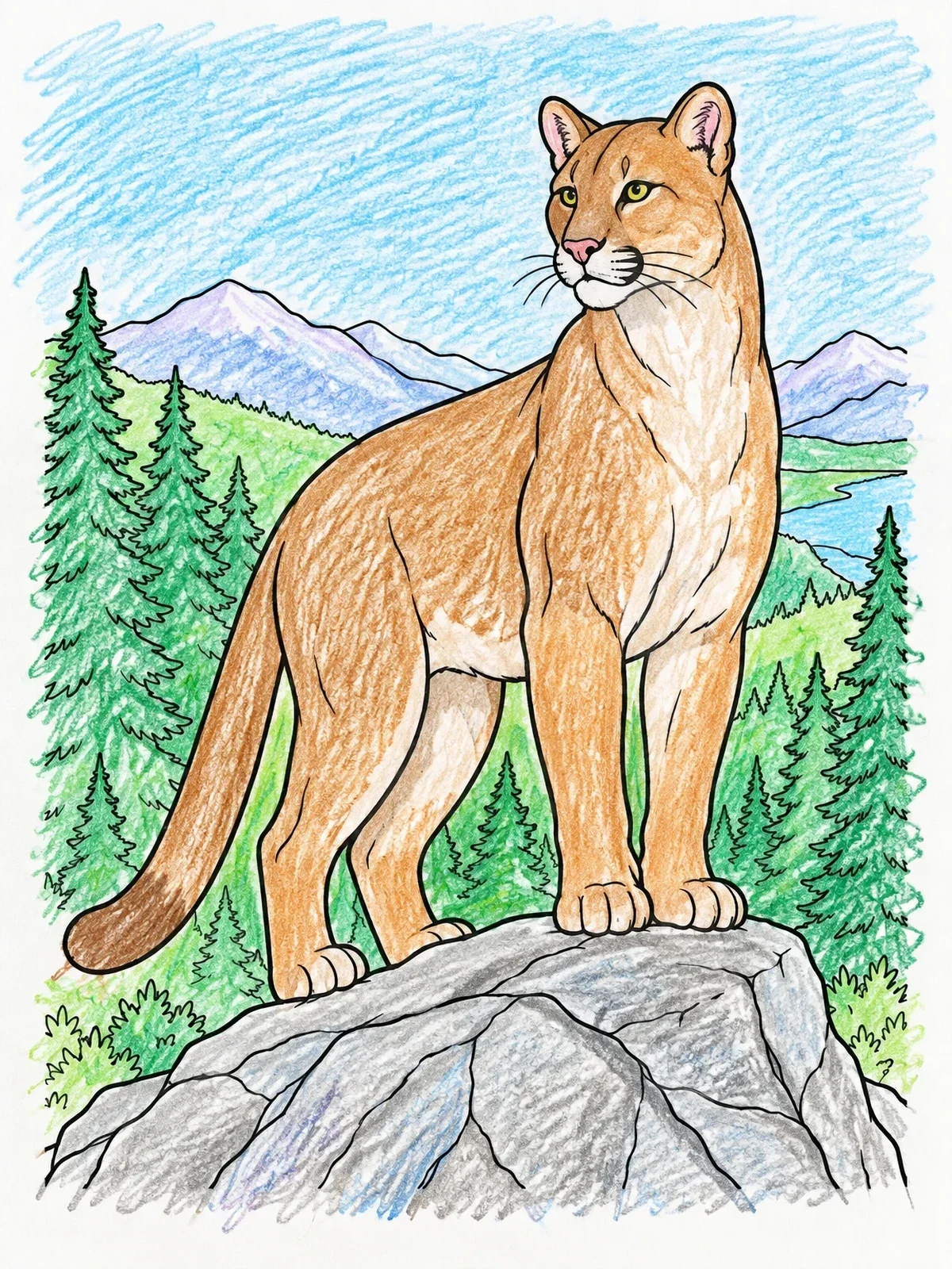 Colored example of the Cougar On A Mountain Boulder coloring page