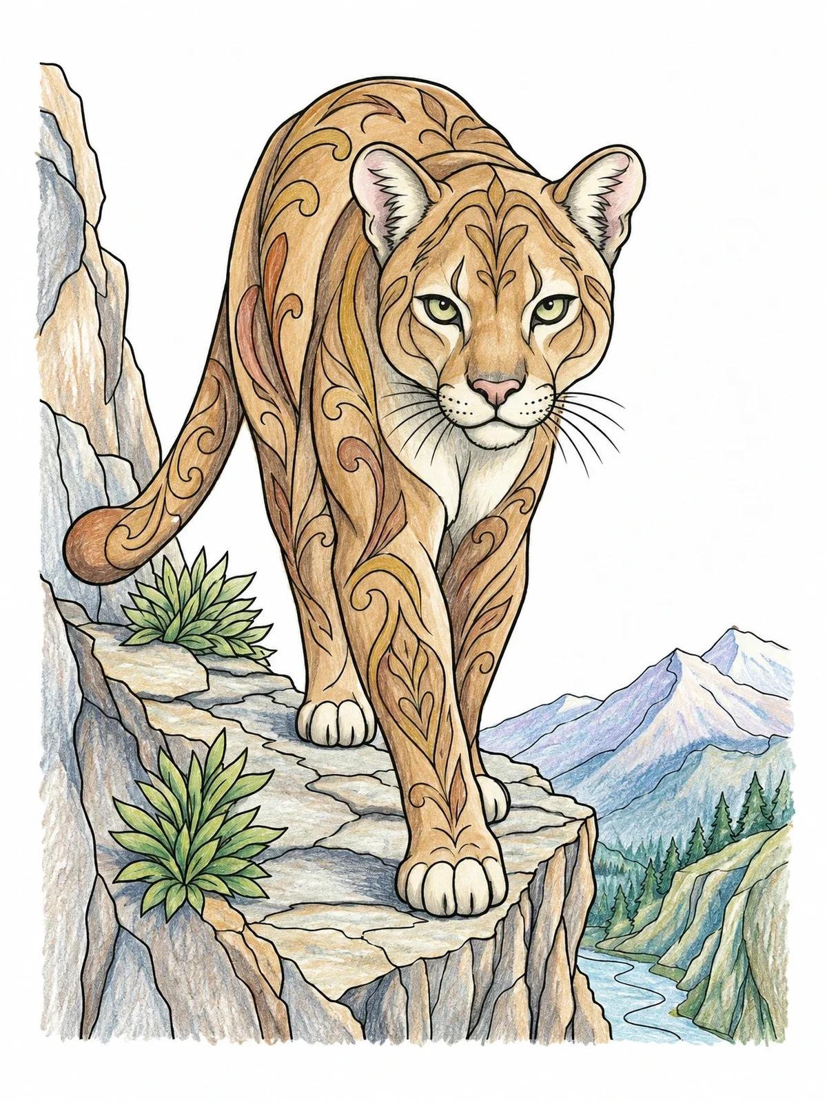Colored example of the Cougar On A Mountain Ledge coloring page