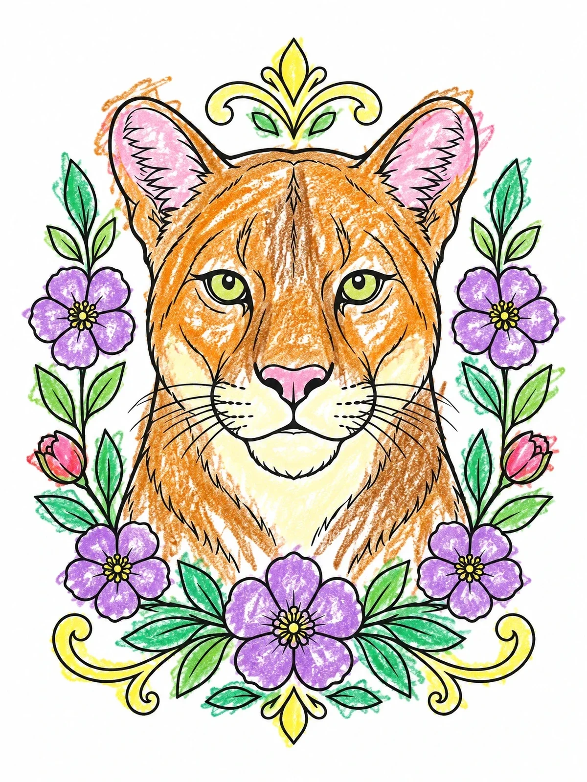Colored example of the Cougar Portrait With Floral Frame coloring page