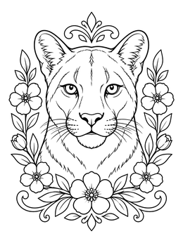 Free printable Cougar Portrait With Floral Frame coloring page