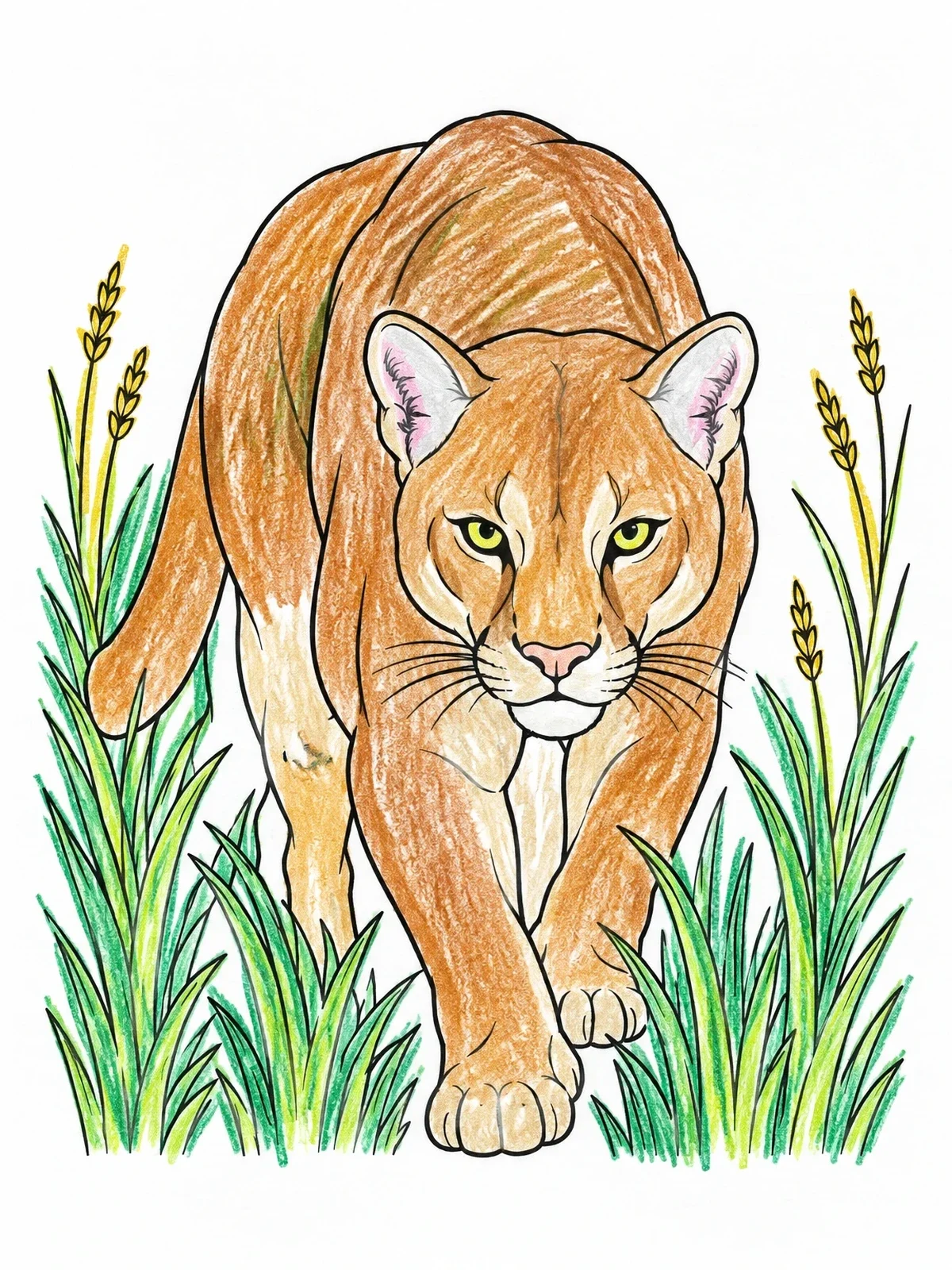 Colored example of the Cougar Prowling Through Tall Grass coloring page