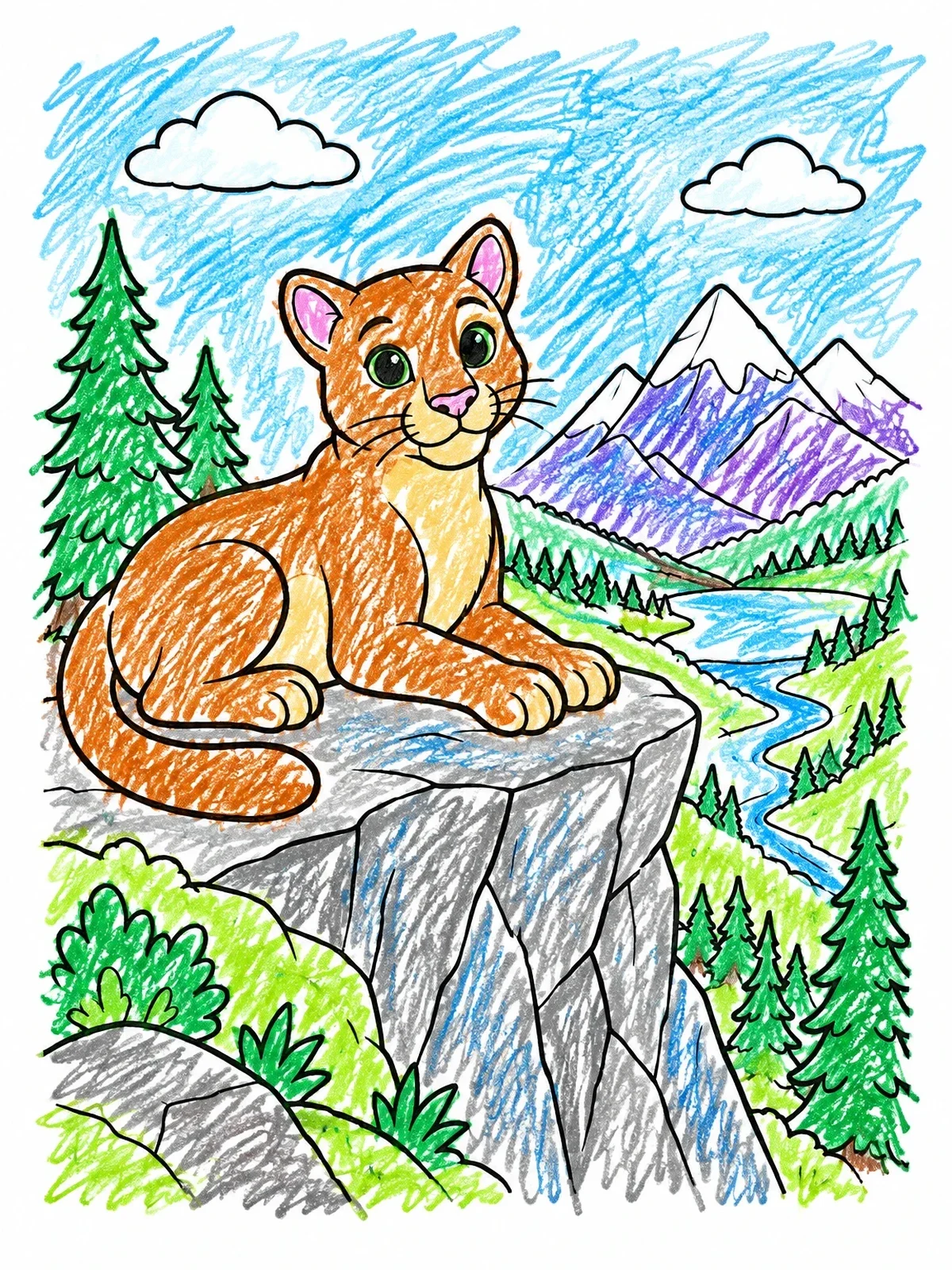 Colored example of the Cougar Resting On Mountain Ledge coloring page