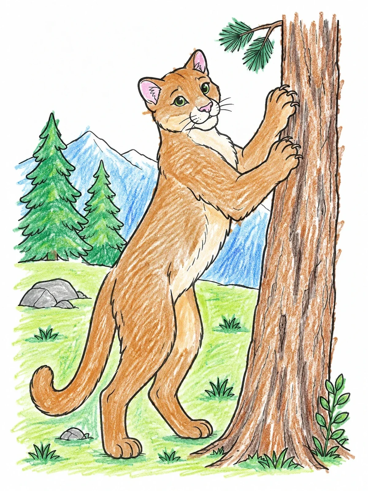 Colored example of the Cougar Scratching A Pine Tree coloring page