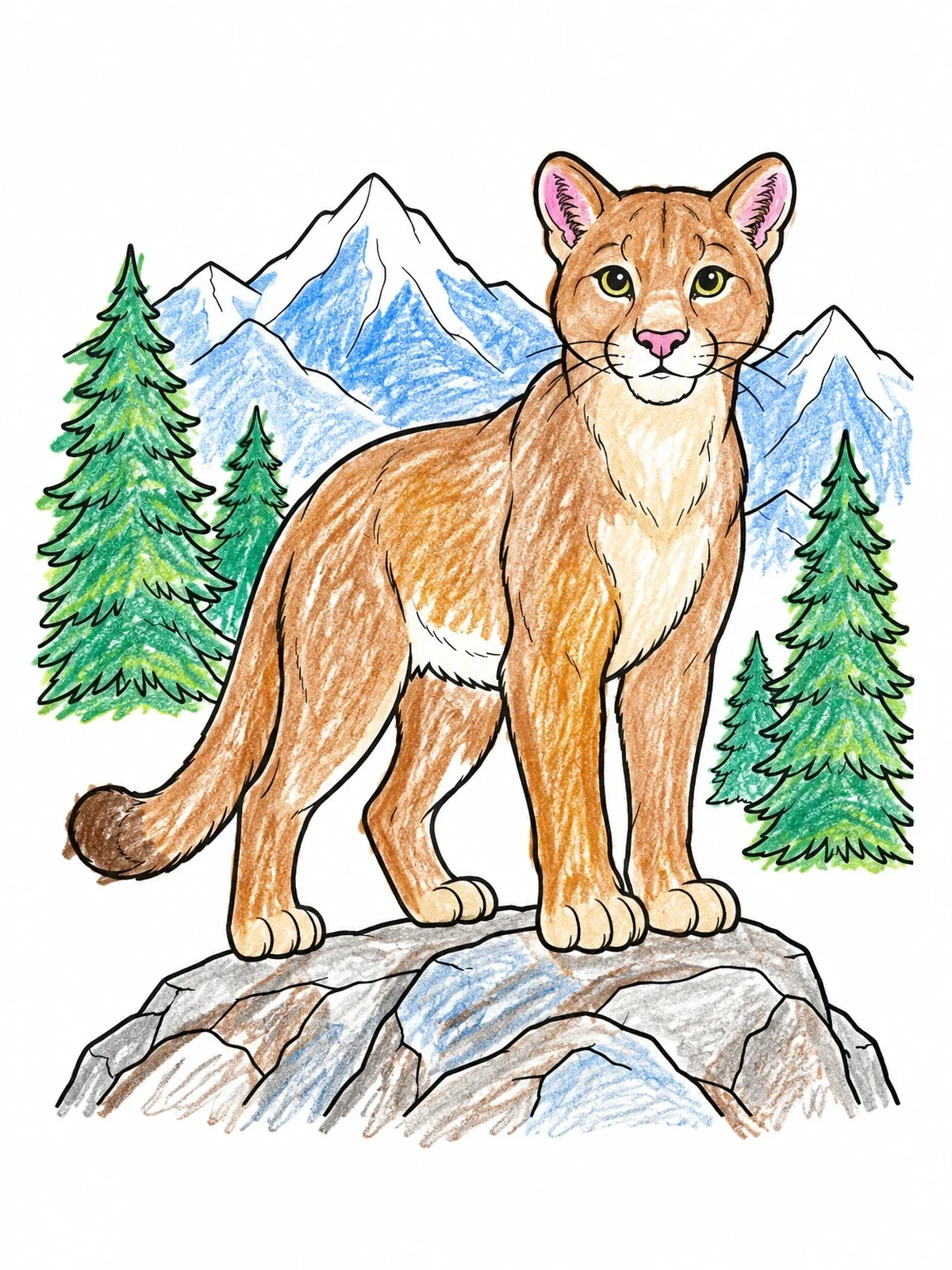 Colored example of the Cougar On A Mountain Rock coloring page