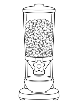 A clear cereal dispenser with a bowl below on this cereal coloring page.