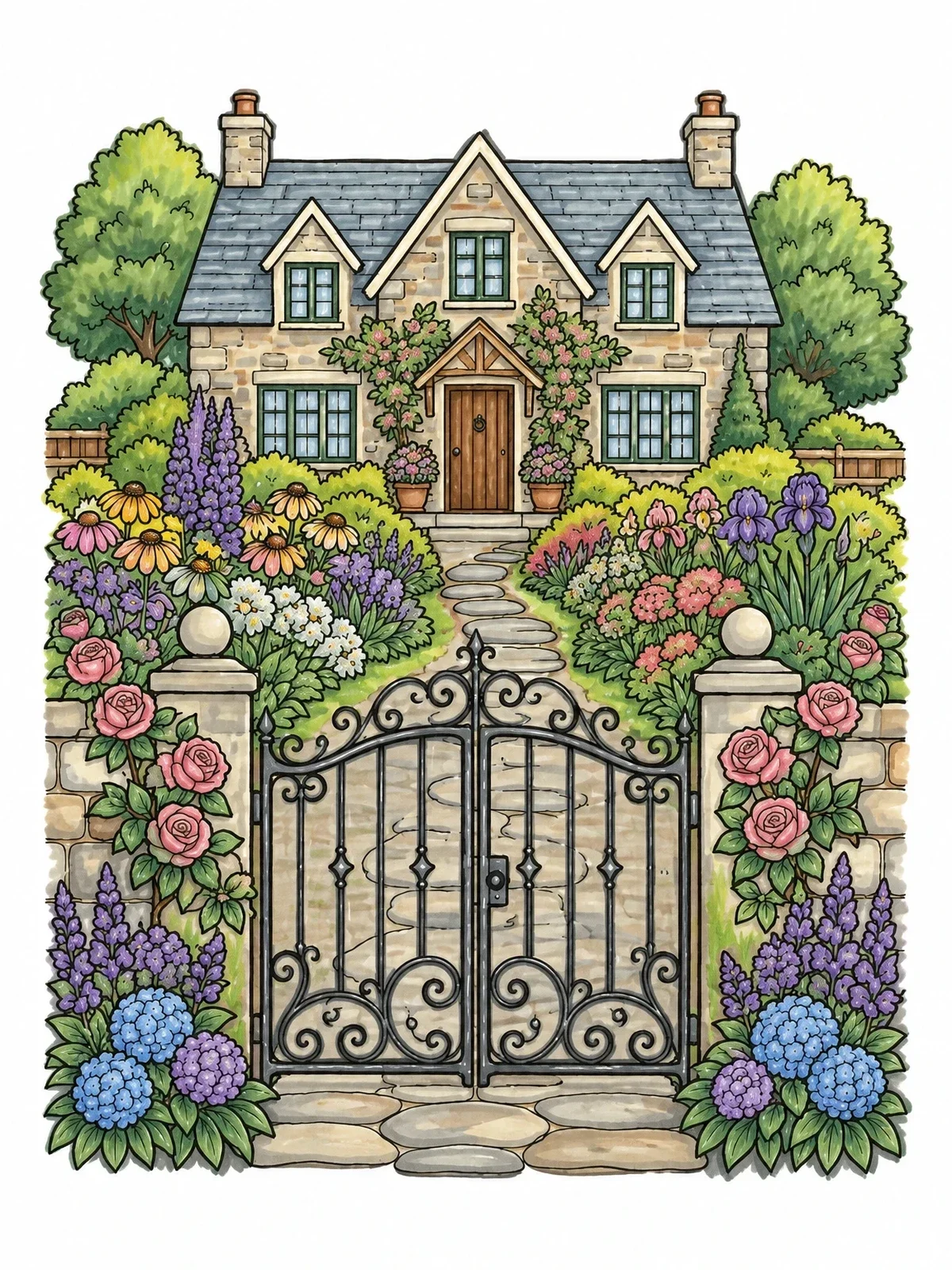 Colored example of the Country Cottage With Garden Gate coloring page