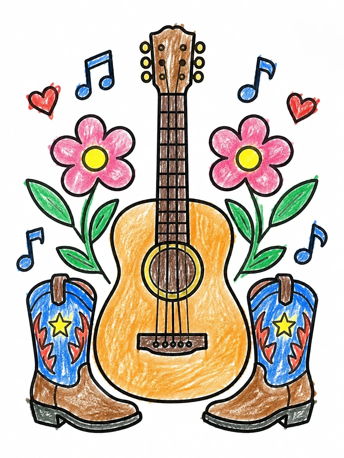 Colored example of the Acoustic Guitar With Cowboy Boots coloring page