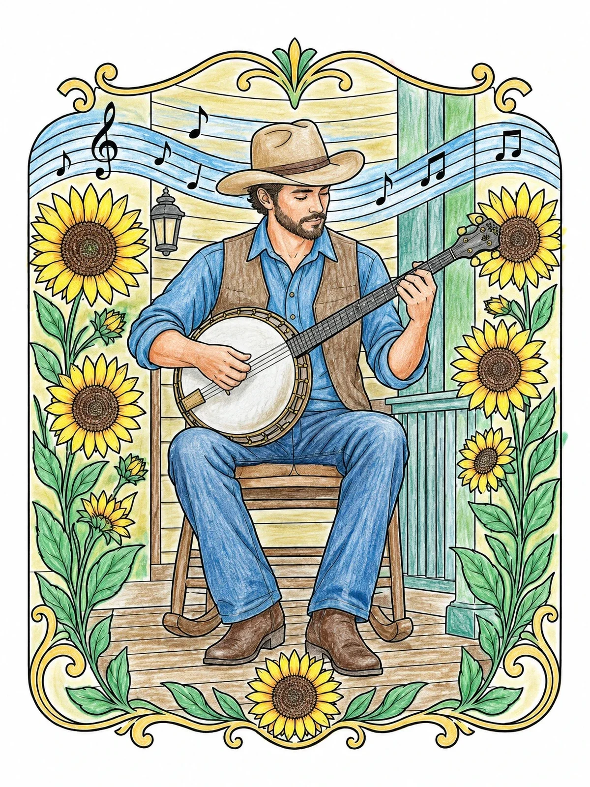 Colored example of the Banjo Player On The Front Porch coloring page