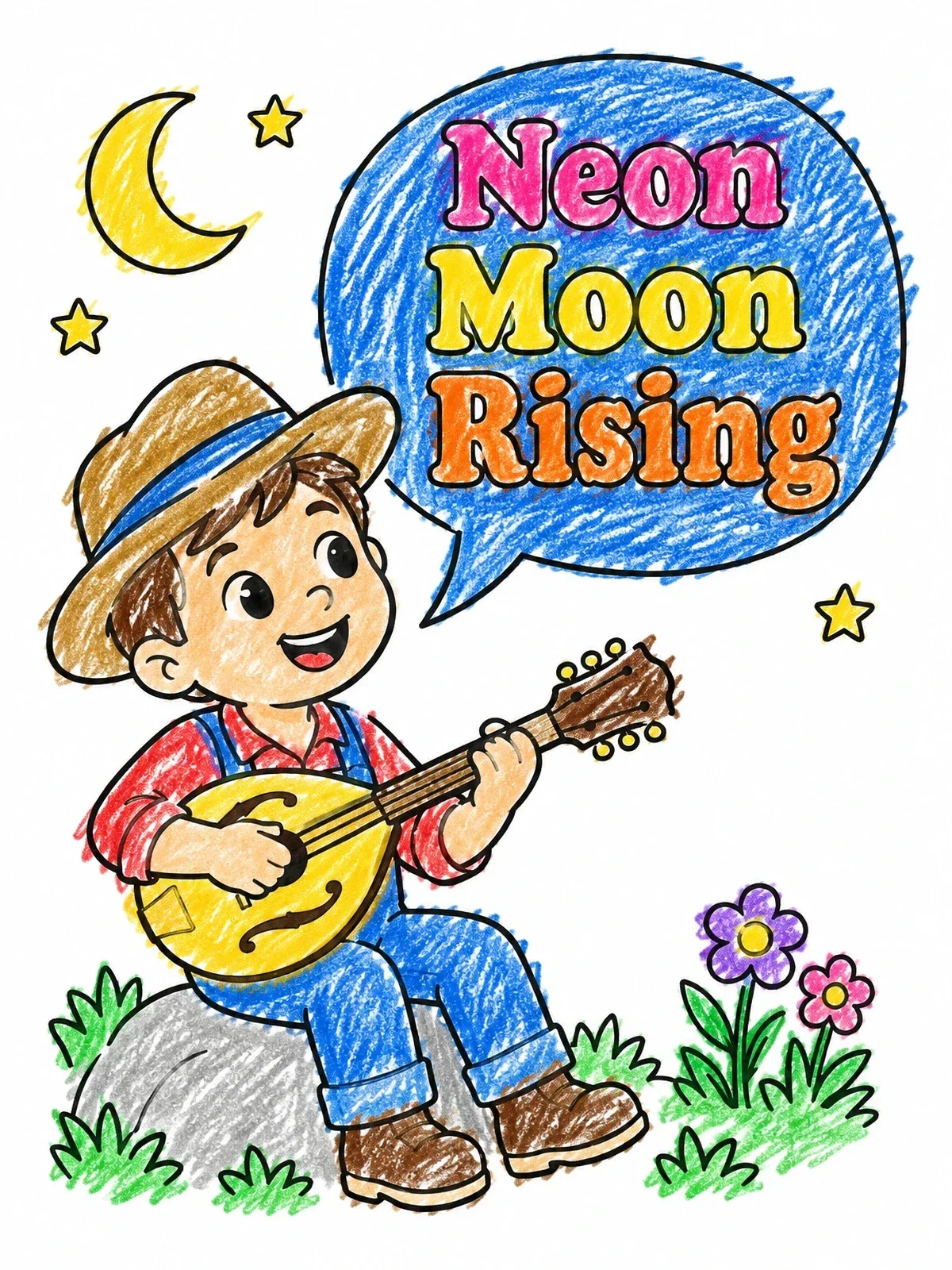 Colored example of the Boy Playing Mandolin Under The Moon coloring page