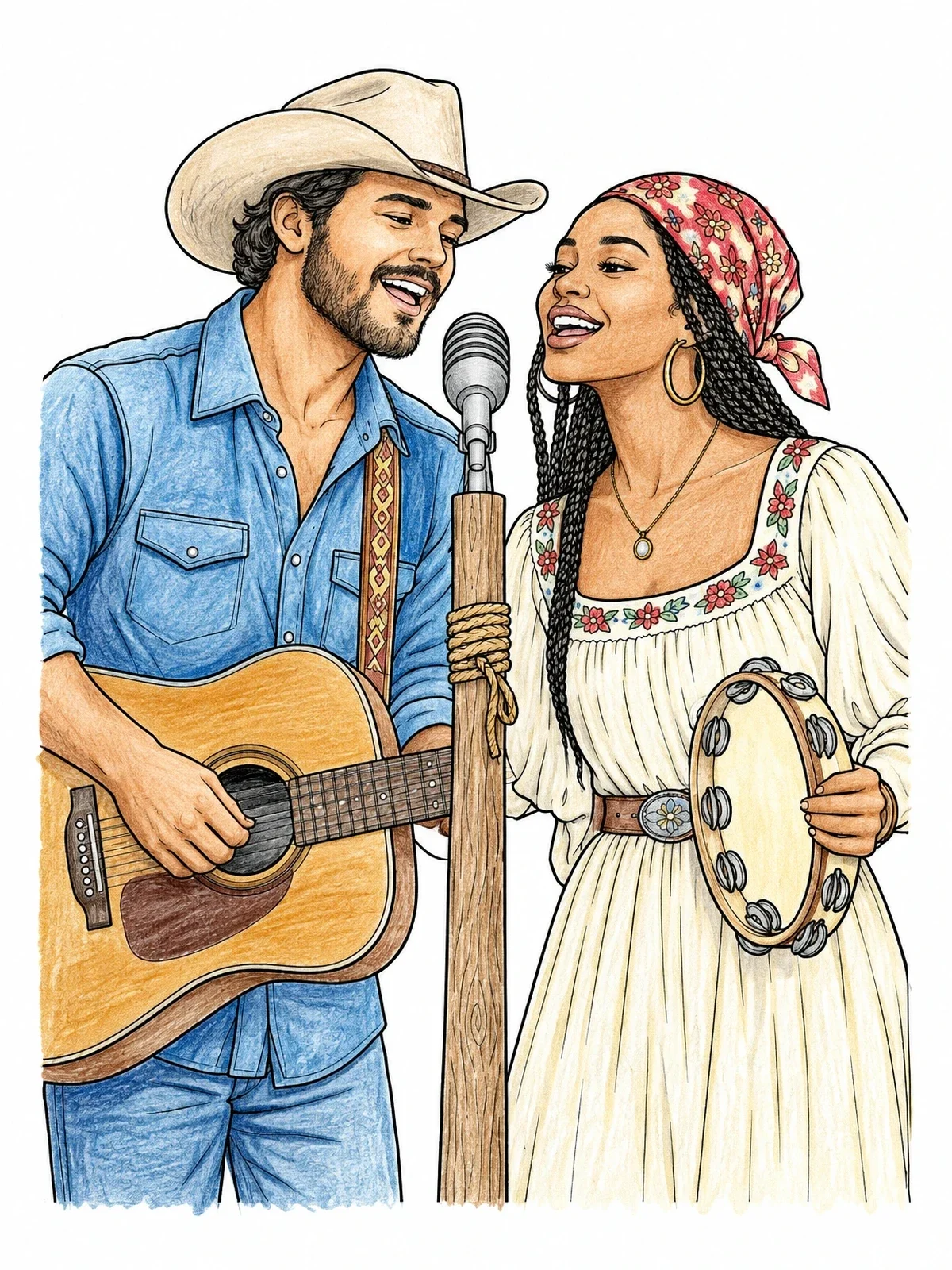 Colored example of the Country Duet Singing By The Microphone coloring page