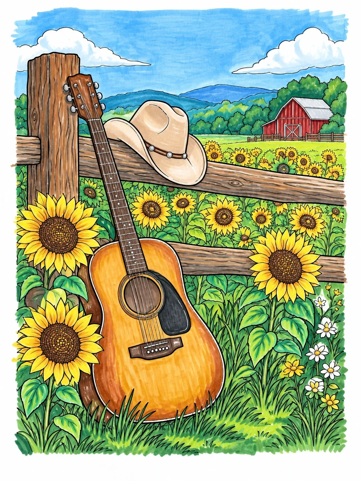 Colored example of the Guitar By Sunflower Field coloring page