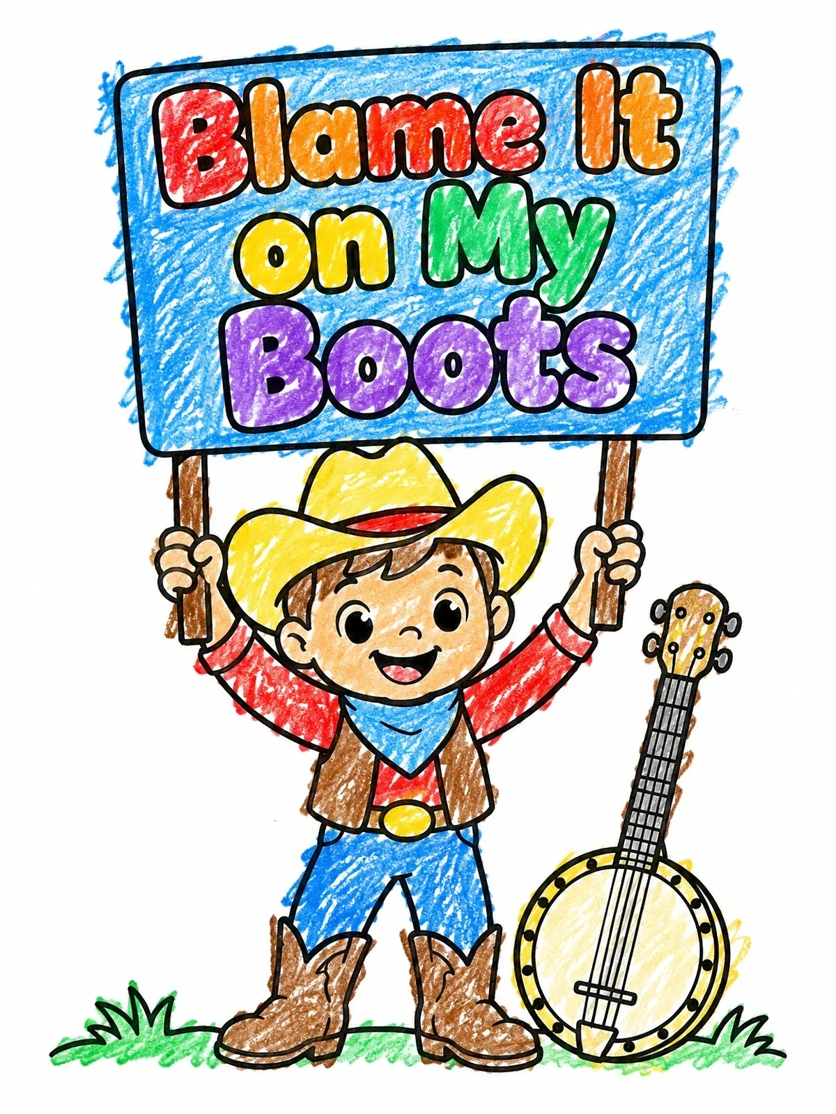 Colored example of the Little Cowboy With Sign And Banjo coloring page