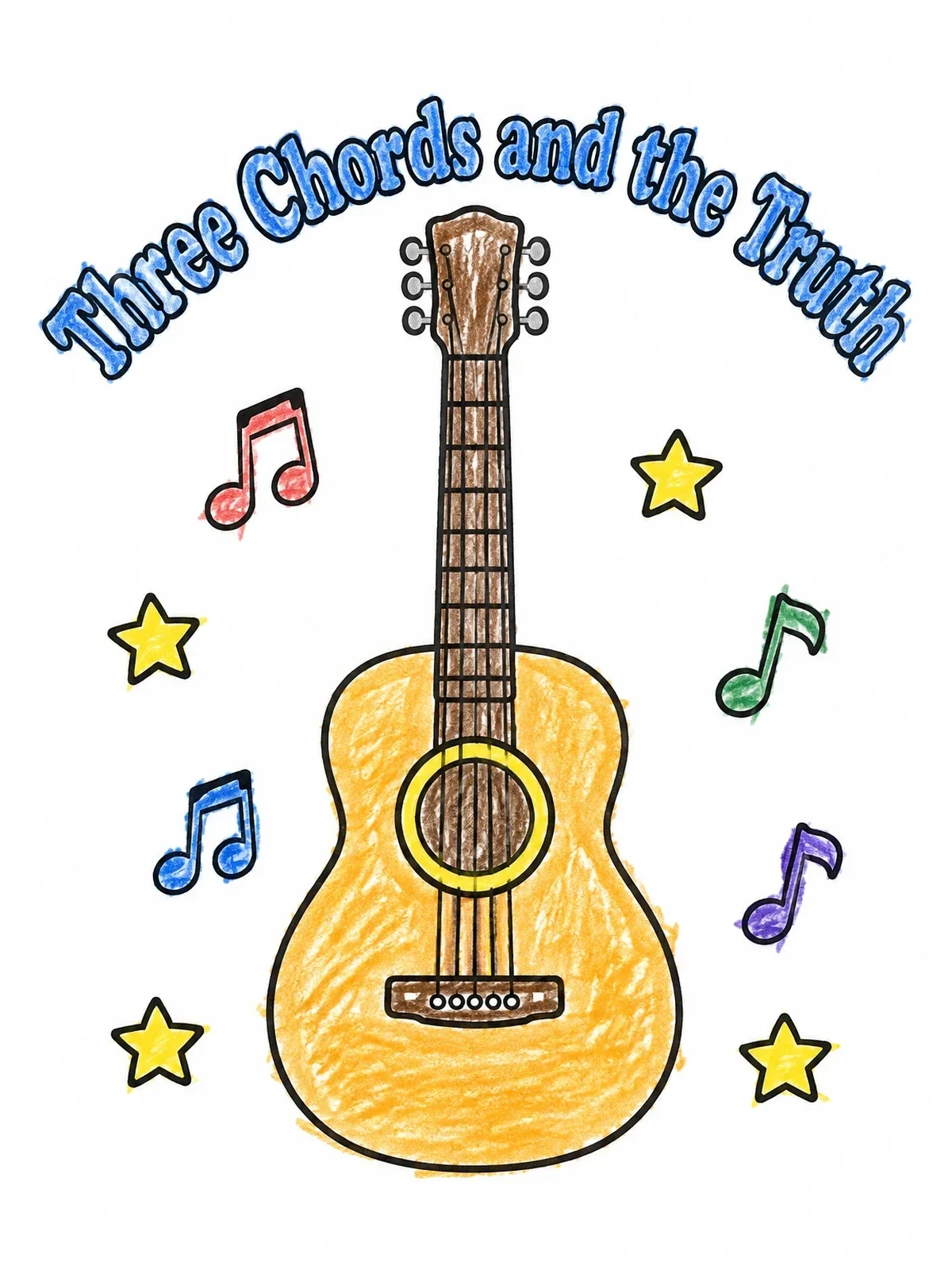 Colored example of the Three Chords Acoustic Guitar coloring page