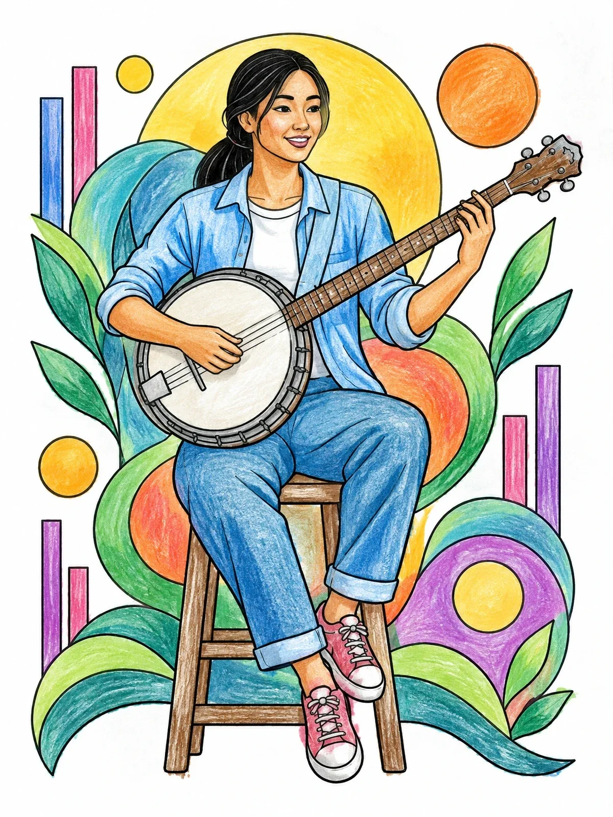 Colored example of the Woman Playing Banjo On Stool coloring page