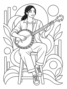 Free printable Woman Playing Banjo On Stool coloring page