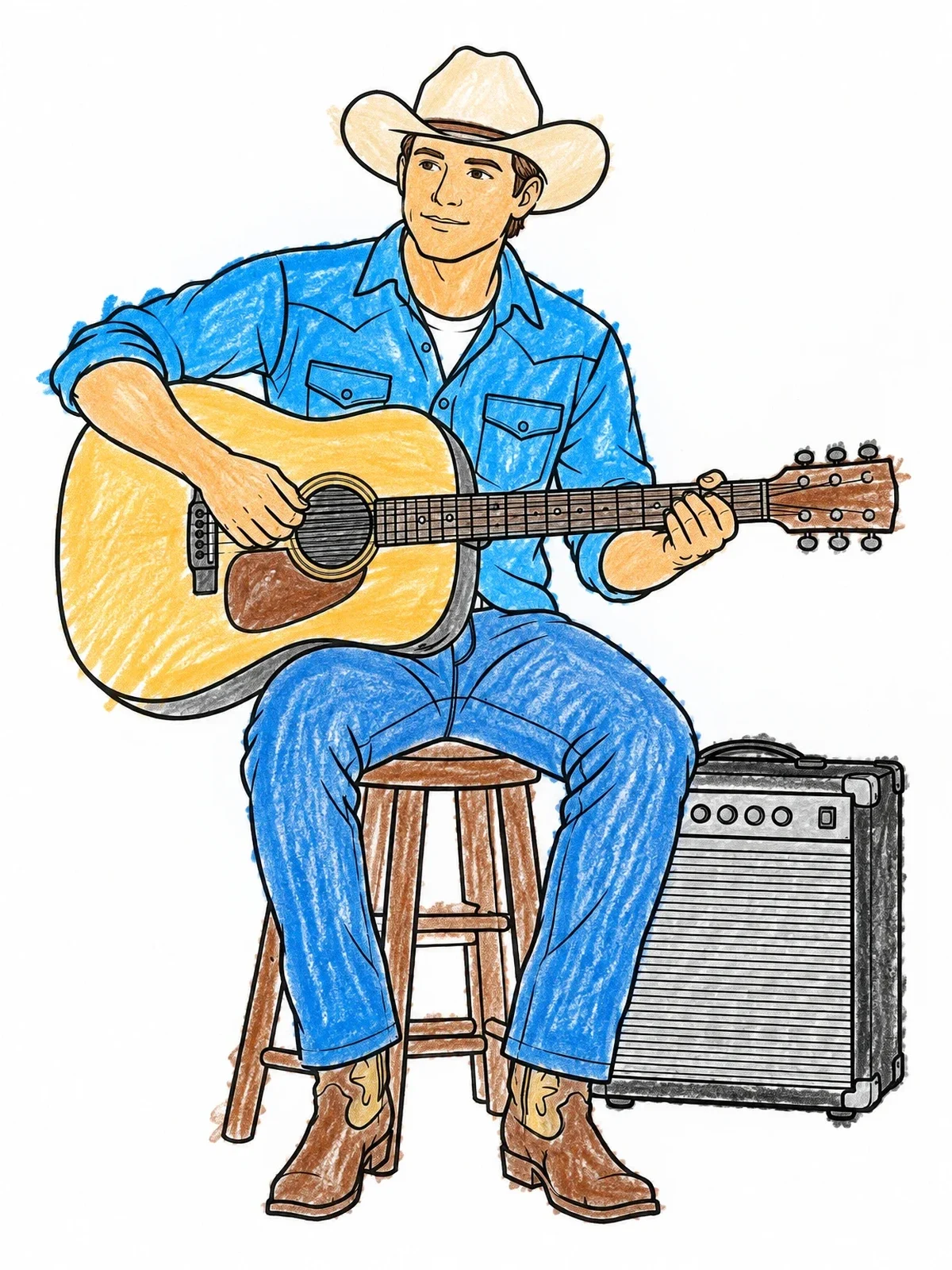 Colored example of the Country Musician With Guitar And Amplifier coloring page