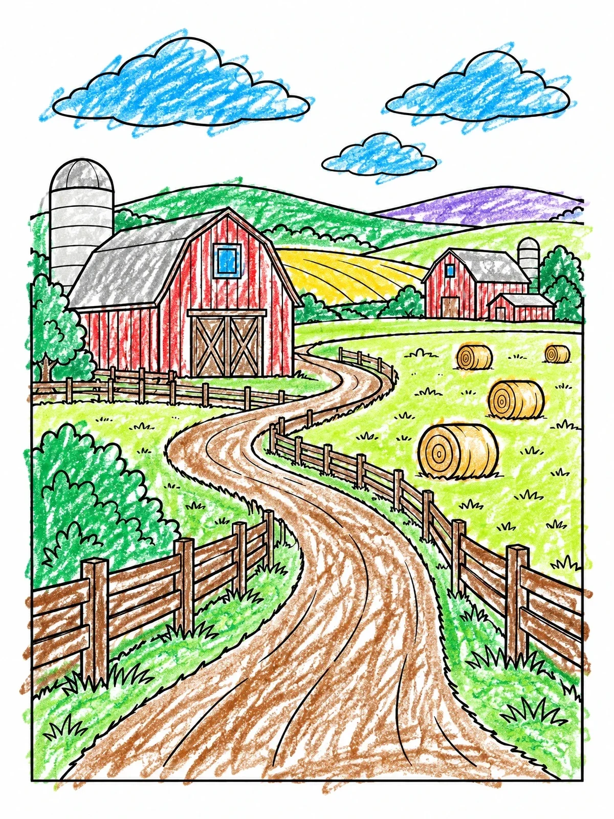 Colored example of the Country Road Through Farmland coloring page