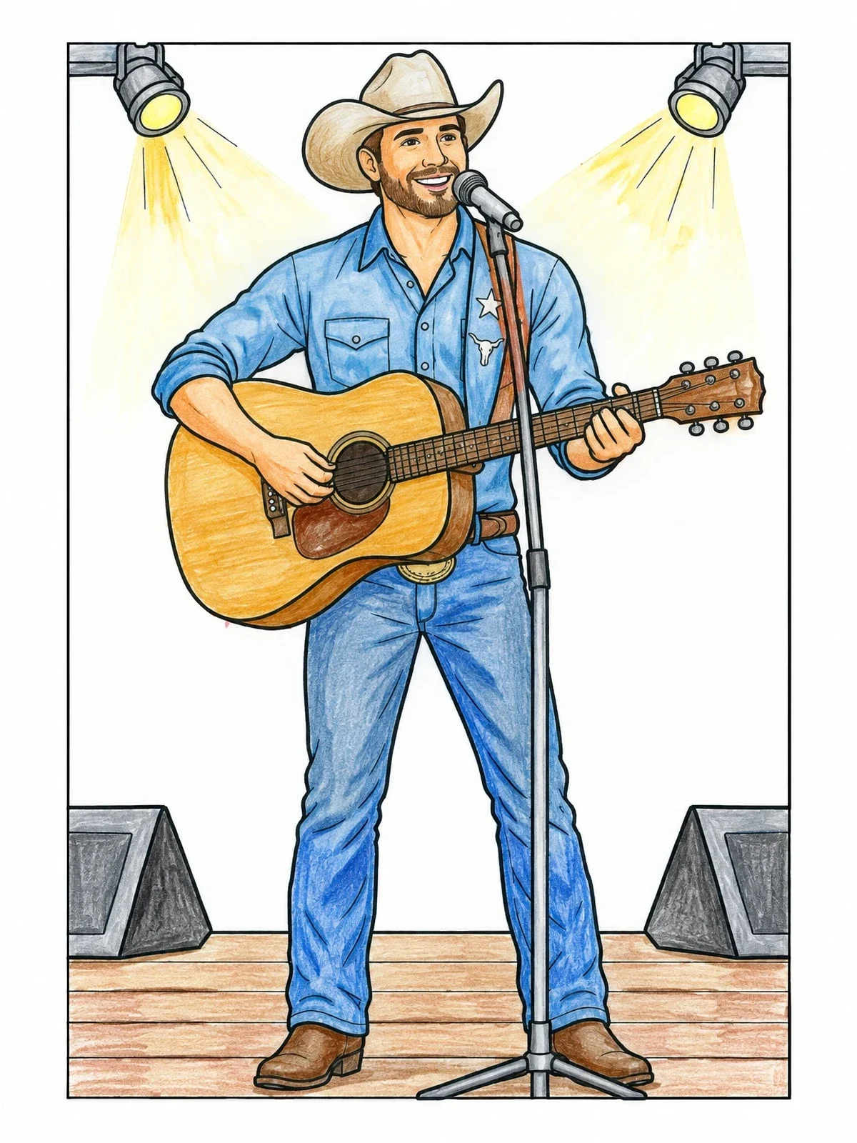 Colored example of the Country Singer With Acoustic Guitar On Stage coloring page
