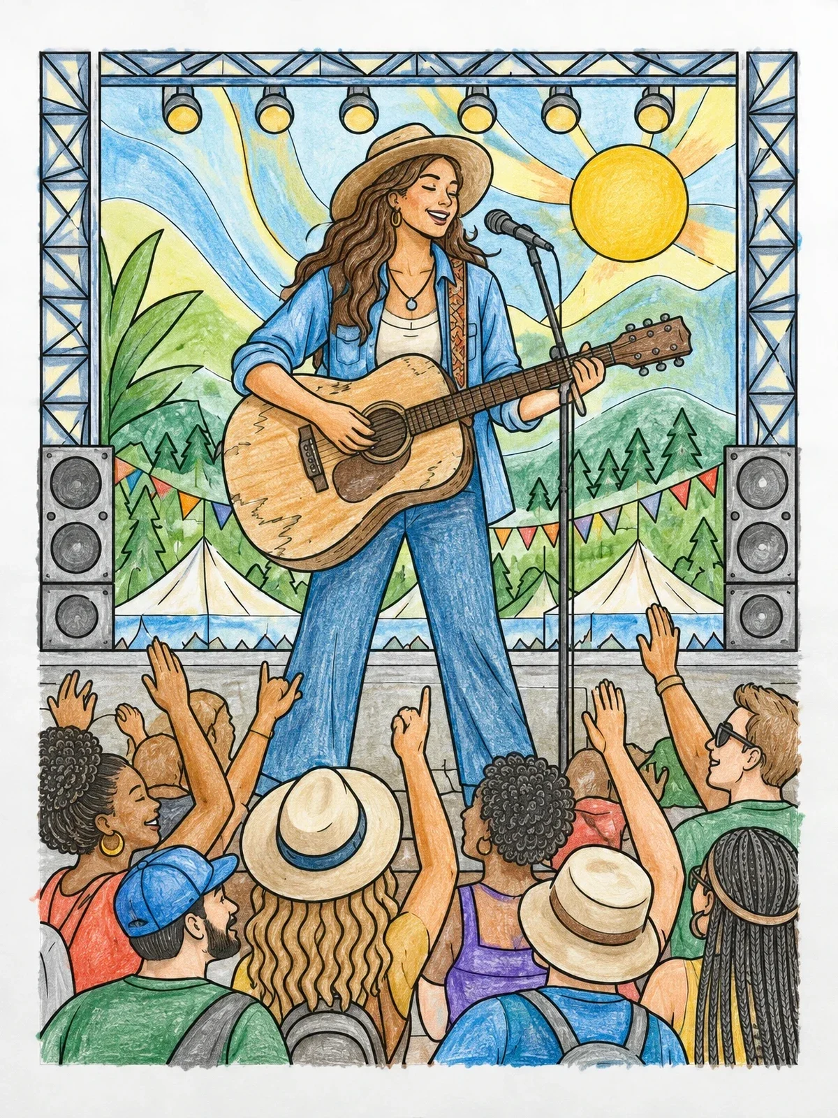 Colored example of the Country Singer On Festival Stage coloring page