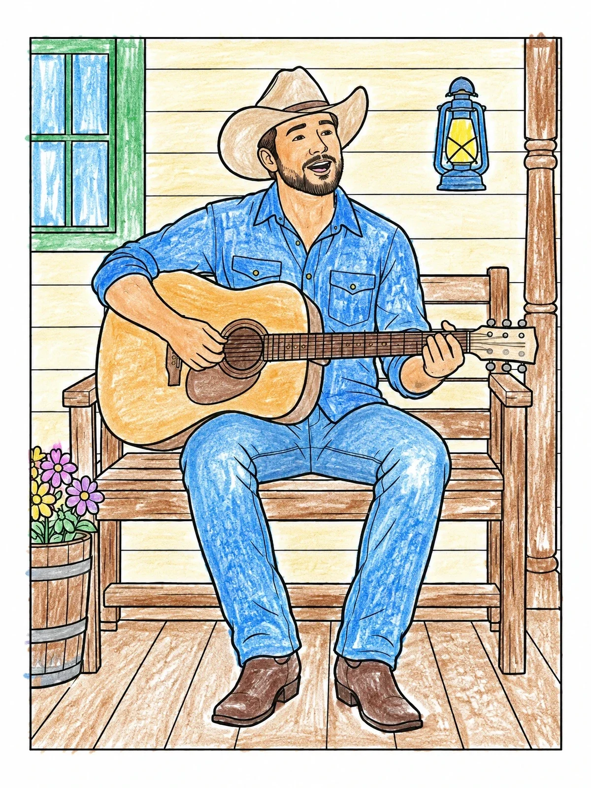Colored example of the Country Singer On Porch Bench coloring page