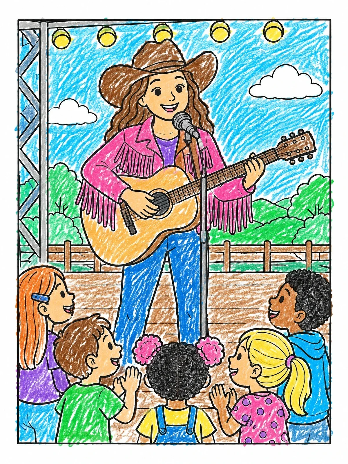 Colored example of the Country Singer On Outdoor Stage coloring page