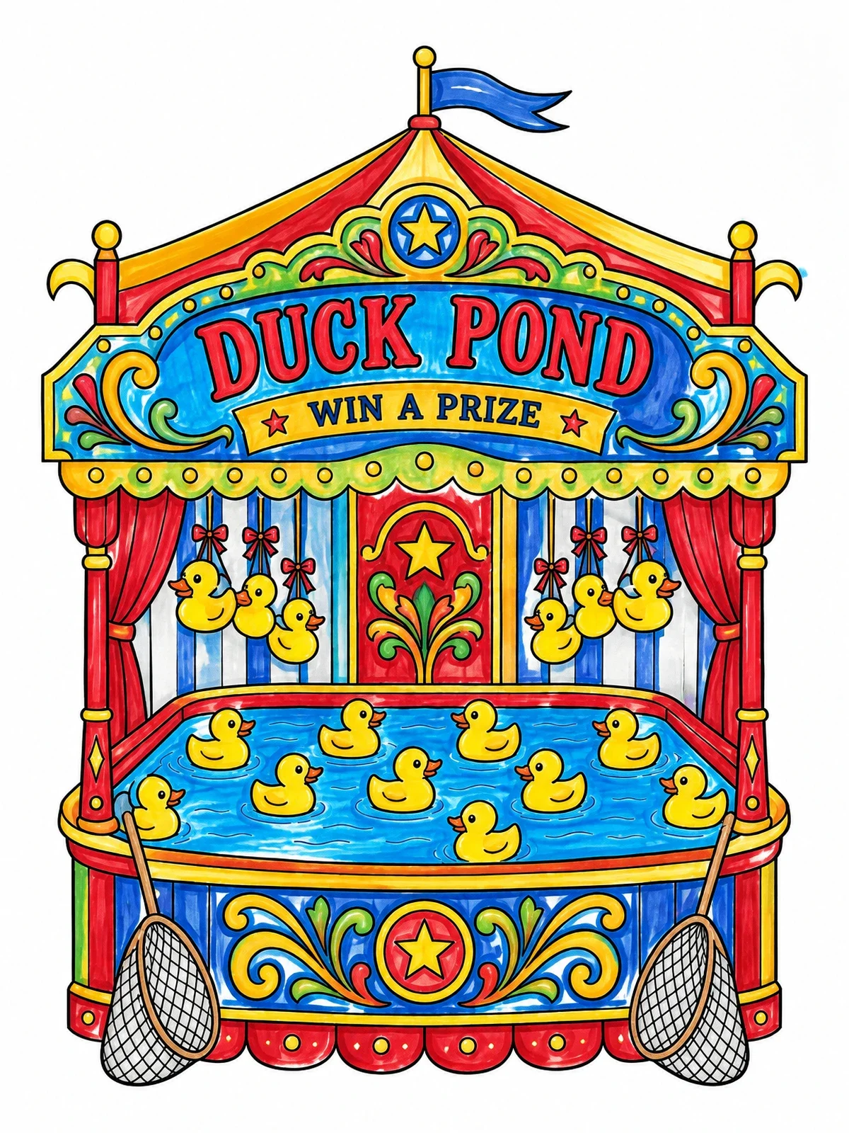 Colored example of the Carnival Duck Pond Game Booth coloring page